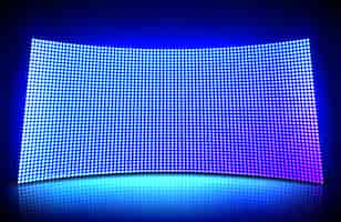 Free vector concave led wall video screen with glowing blue and purple dot lights. illustration of grid pattern for led display on stadium or scene. curved digital panel with mesh of diode lamps