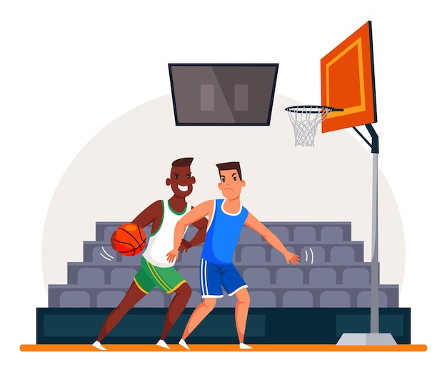 Concentrated caucasian sportsman protecting basketball ring from smiling afroamerican enemy player championship competition stadium with grandstand for fans sport team game