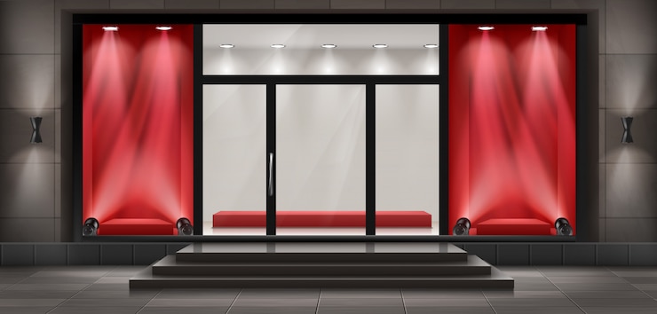 Free Vector concept background, boutique shop facade with signboard. 