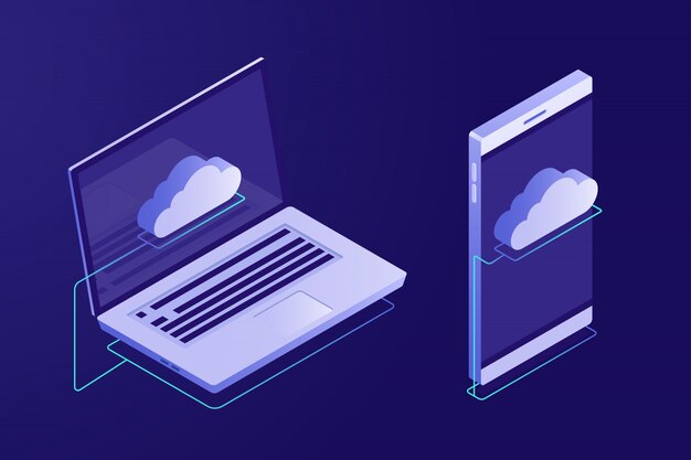 Concept of cloud computing. Devices connected to the cloud. 