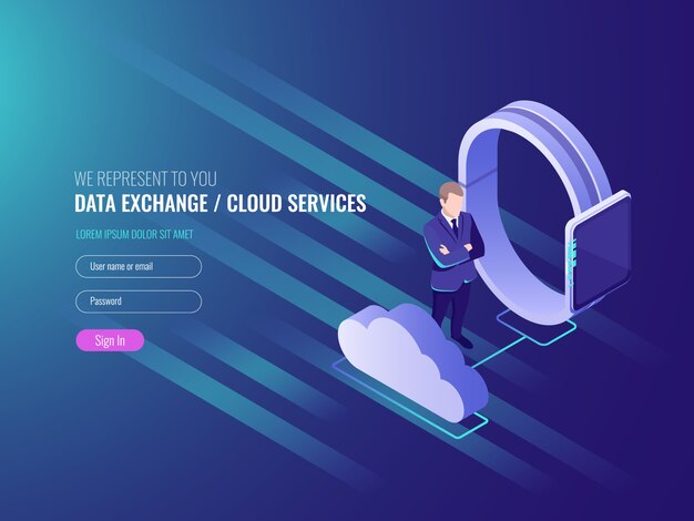 Concept of cloud server data exchenge, cloud services, smart watch with businessman