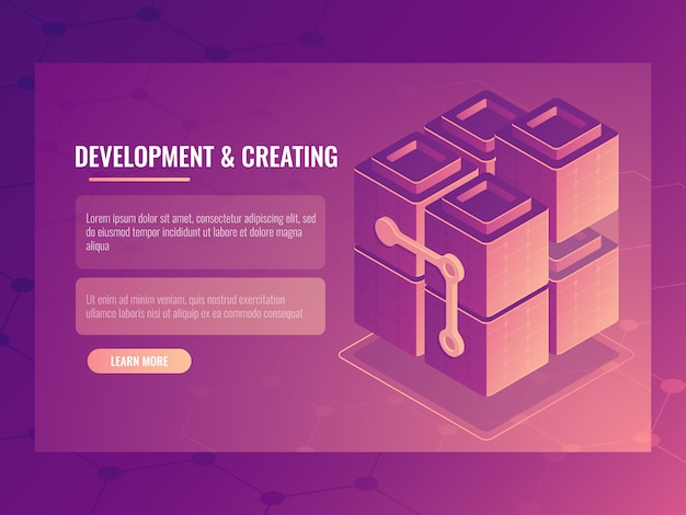 Il concetto di sviluppo e creazione, blocco costruttore, sala server tecnologia digitale