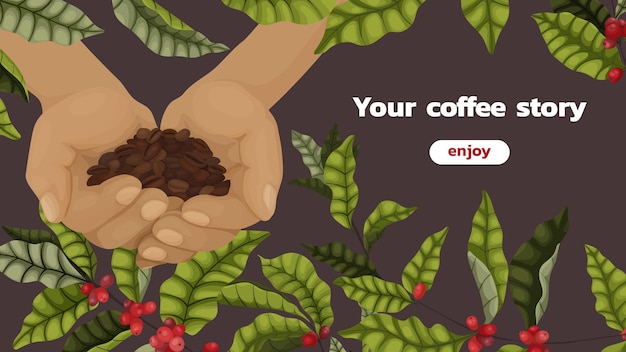 漫画のコーヒーの木の枝とベリーでコーヒーを宣伝する概念