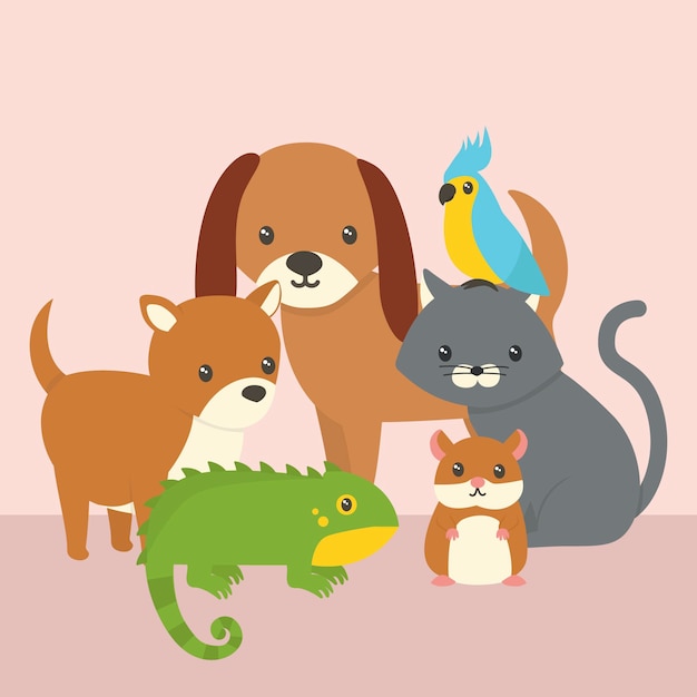 Бесплатное векторное изображение Концепция милых разных домашних животных