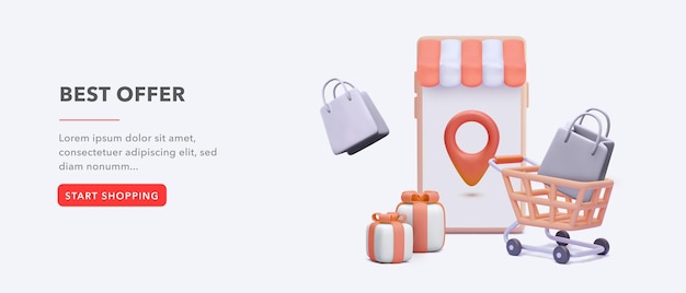 Концепция интернет-покупок в приложении социальных сетей. Смартфон с хозяйственной сумкой, тележкой, подарком. Подходит для продвижения цифровых магазинов, сети и рекламы. Векторная иллюстрация