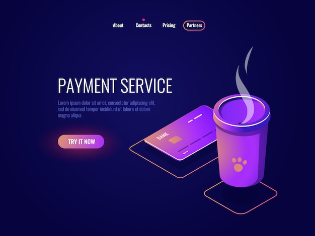 Free vector concept of payment and online banking, credit card, coffee cup, electronic money dark neon