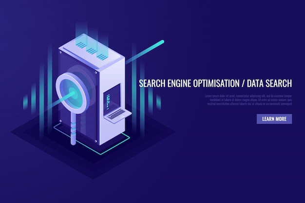 Concept of search engine optimisation and data search. Magnifying glass with server rack