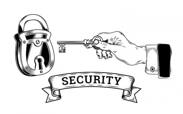 보안의 개념-키가있는 손이 열리고 자물쇠가 닫힙니다.