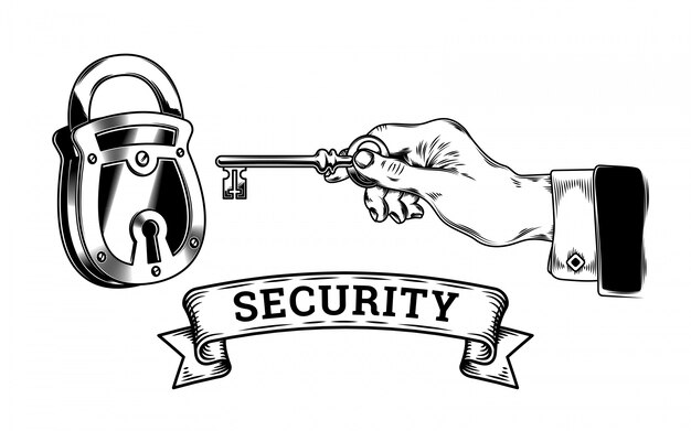 Concept of security - hand with key opens, closes the lock