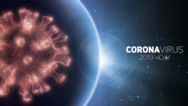 Concept of worldwide Coronavirus pandemia. Warning of virus global outbreak. Virus structure on a planet Earth background with stars. International infectione.  illustration.