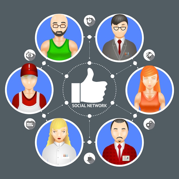 Conceptual illustration showing the diversity of people in a social network with six avatars