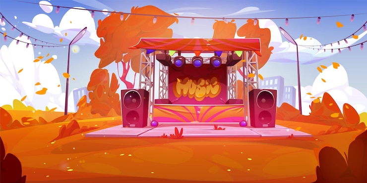 무료 Vector 가을 공원에서 음악 축제에서 콘서트 무대 스포트라이트와 스피커를 가진 플랫폼의 터 만화 일러스트레이션 공연 준비 공기 도시 배경에서 날아가는 나무에서 노란 잎