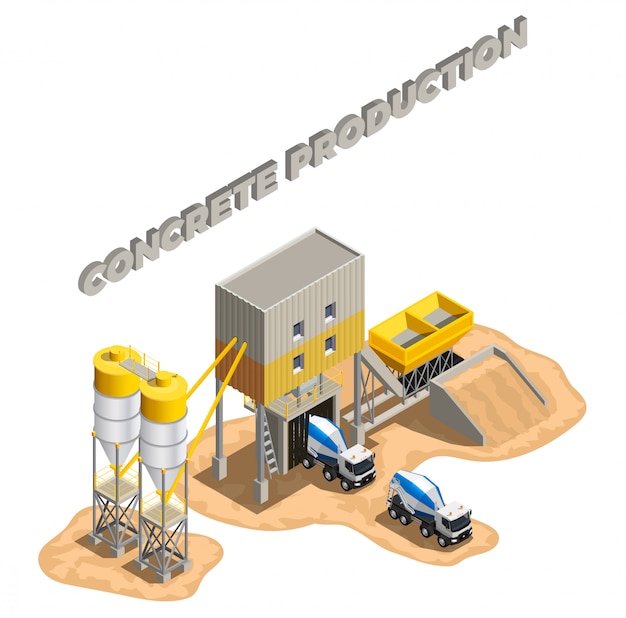 Concrete production isometric composition with editable text and factory buildings cement mixing plant facilities with conveyors