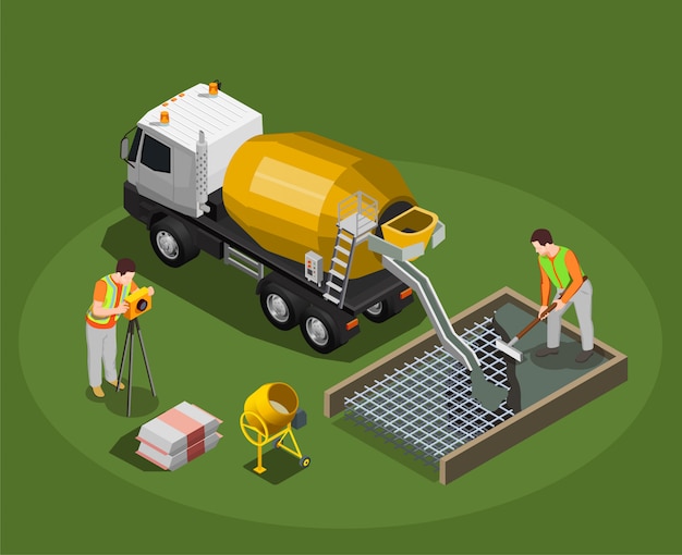 Concrete production isometric composition with mixing drum and cement mixer machine with human characters of workers