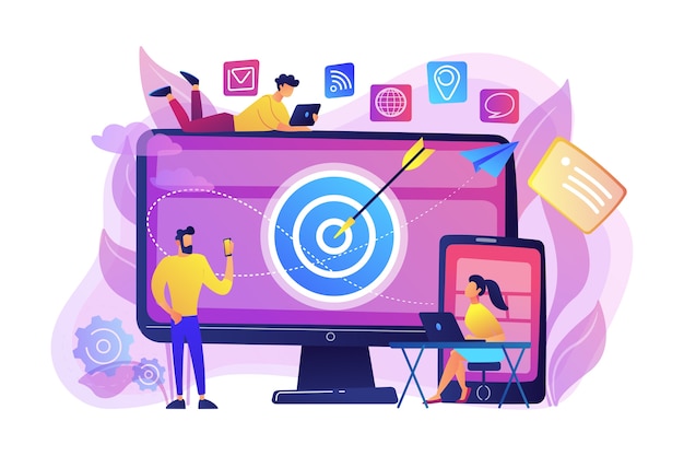 Concumers with devices get targeted ads and messages. Multi device targeting, reaching audience, cross-device marketing concept on white background. Bright vibrant violet  isolated illustration