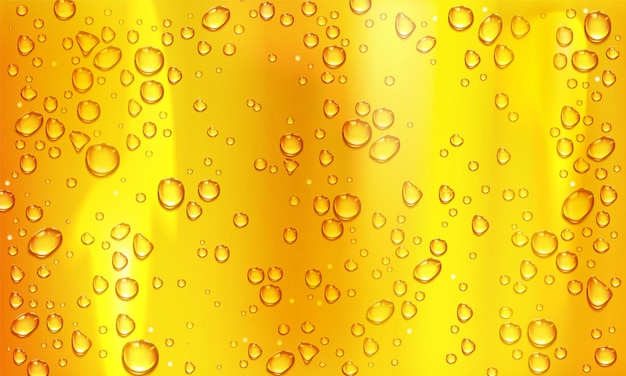 Condensation water or beer droplets on glass yellow background. Rain drops on window, abstract wet texture, cold juice or champagne alcohol beverage in wineglass. Realistic 3d vector illustration