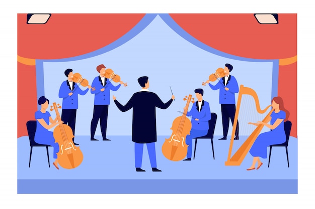 Free vector conductor and musicians playing on violin, harp and cello