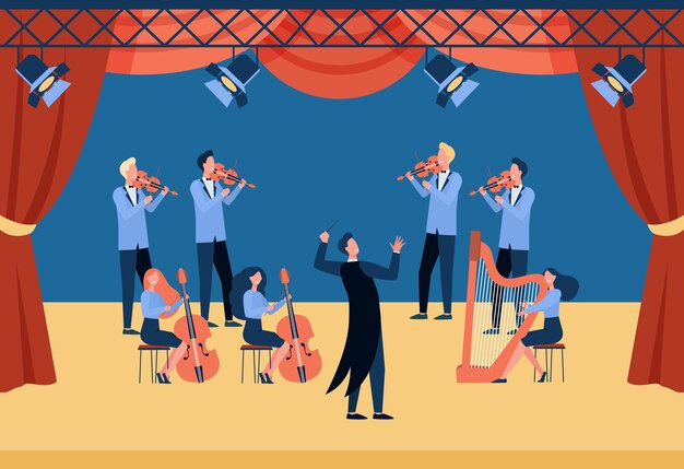 Conductor and musicians standing on theater stage flat illustration. cartoon people playing violin, cello and harp.