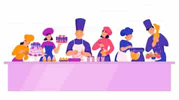 Free vector confectioner chefs composition with front view of long table with characters of cooks with various sweets vector illustration