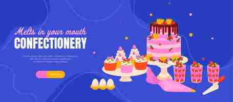 Free vector confectioner chefs horizontal banner with editable ornate text see more button and images of sweet cakes vector illustration