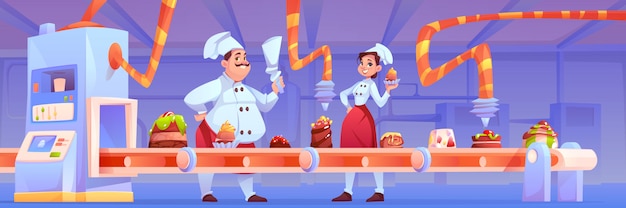 사탕 공장에있는 제과업자는 자동화 및 제조 시스템에 맞춰 움직이는 달콤한 디저트, 빵집 및 케이크로 컨베이어 벨트에 초콜릿 생산을 장식합니다.