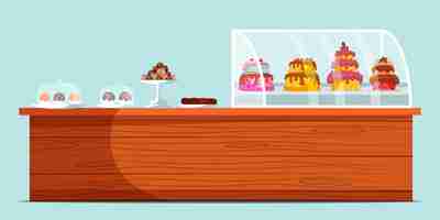 Free vector confectionery showcase table with delicious dessert candy store assortment cafeteria counter isolated on blue background pastry shop bakery interior design