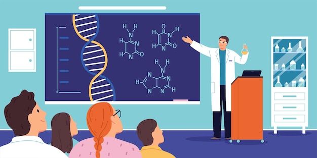 無料ベクター クラス聴衆のベクトル図のために話す化学教師との会議フラット コンセプト