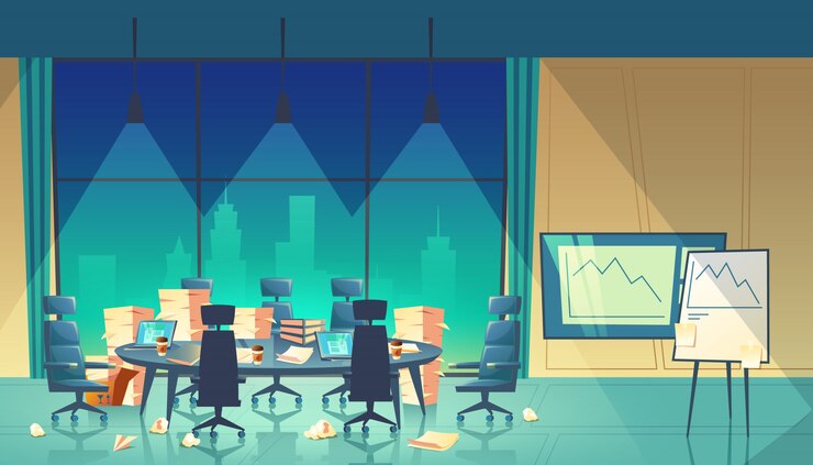 Free Vector conference hall for business seminar, end of workday, piles documents on table