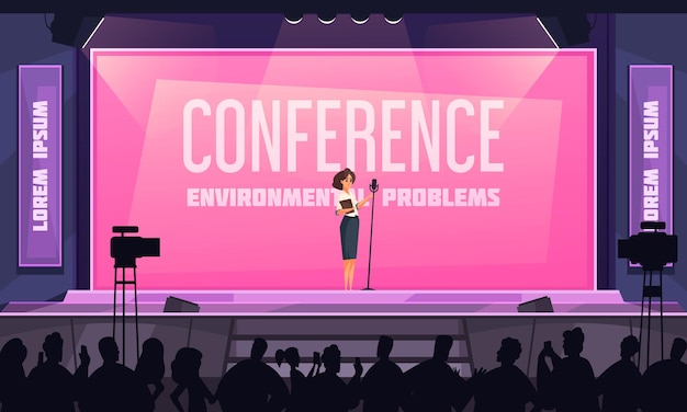 Free vector conference hall poster with environmental problems symbols flat illustration