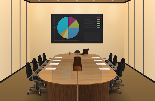 Conference room interior realistic design with chart on the screen vector illustration 