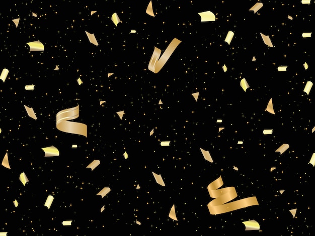 Confetti of golden ribbons for party, birthday or invitation on black background
