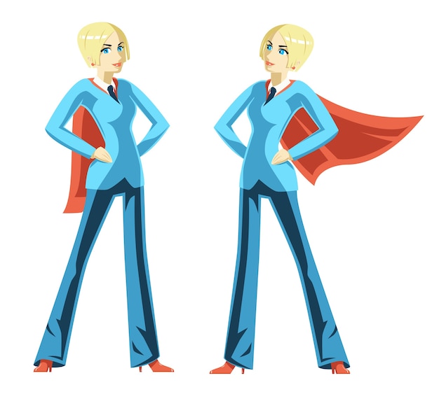 無料ベクター 自信のあるビジネスウーマン。赤いマント、スーパーヒーローの女性、スーパーウーマンと力の成功の勇気、ベクトルイラスト