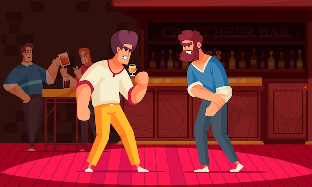 Free vector conflicting people composition with indoor scenery of pub with characters of angry men with bar stand vector illustration