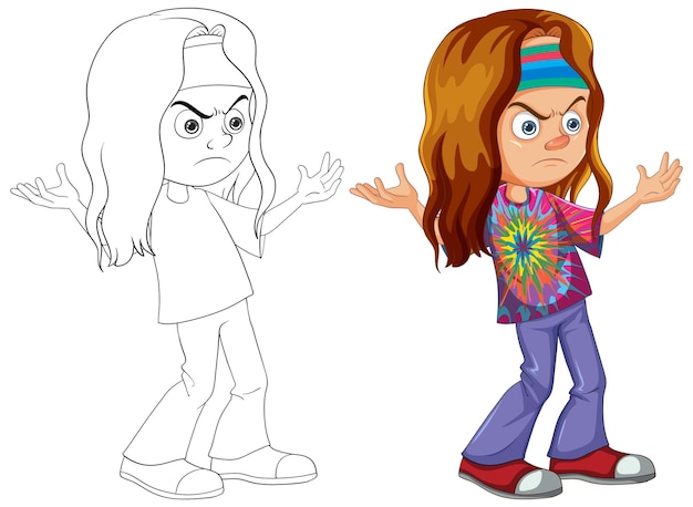 Free vector confused cartoon girl before and after coloring