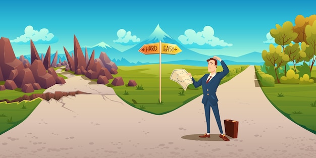 Confused man with map makes choice between hard and easy way. cartoon landscape with businessman on road with direction sign, curvy path with rocks and simple straight road