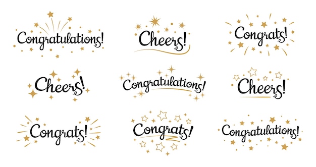 Free vector congrats lettering. congratulation text labels, cheers sign decorated with golden burst and stars and congratulations