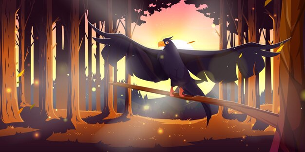 Coniferous forest with black raven at sunset