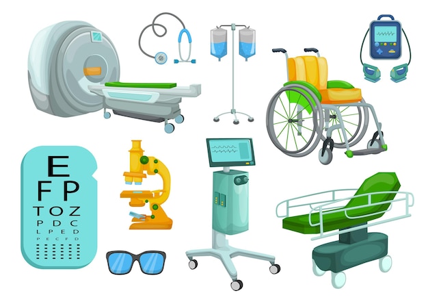 Conjunto de dibujos animados de equipos y dispositivos médicos del hospital