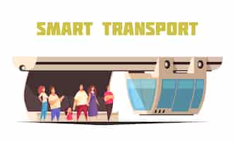 Free vector connected transport in smart city flat cartoon composition with people waiting for hanging monorail car