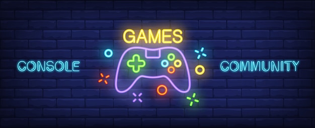 Console community neon style banner. gamepad on brick background.