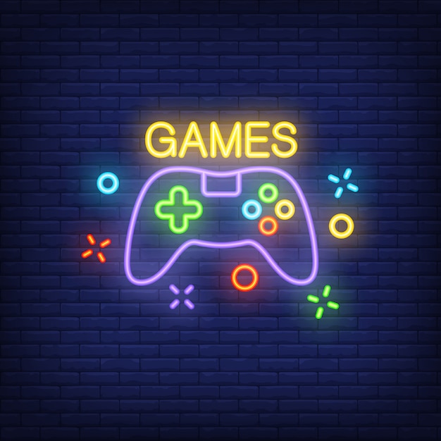 Free vector console with games lettering. neon sign on brick background.