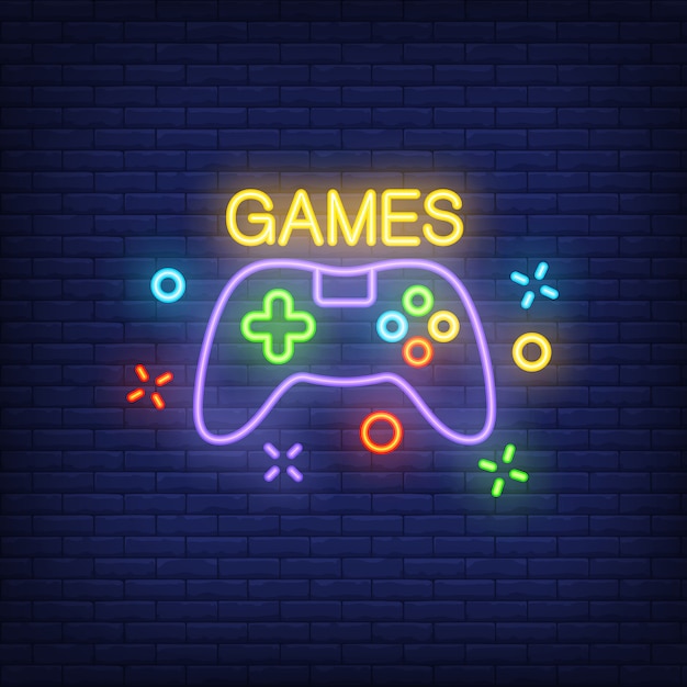 Console with Games lettering. Neon sign on brick background. 