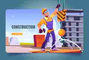 Free vector construction banner with worker and crane hook