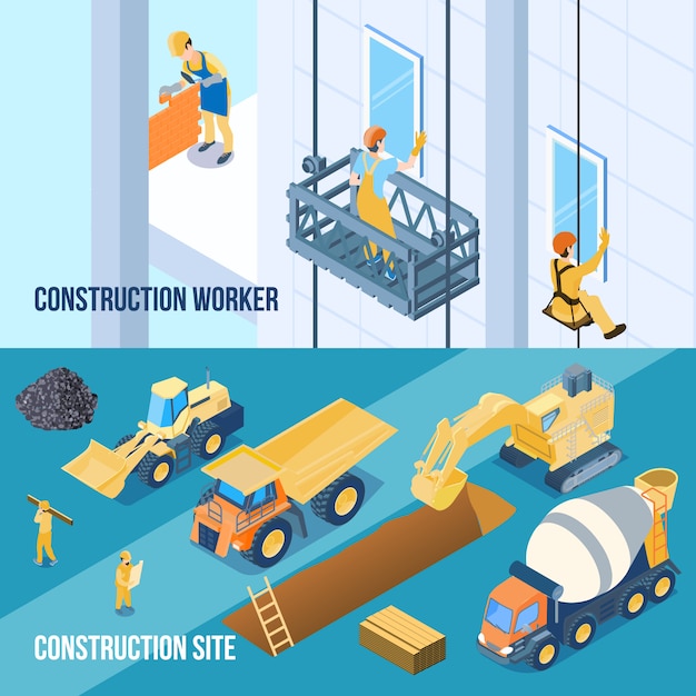 Free vector construction building site and workers banners