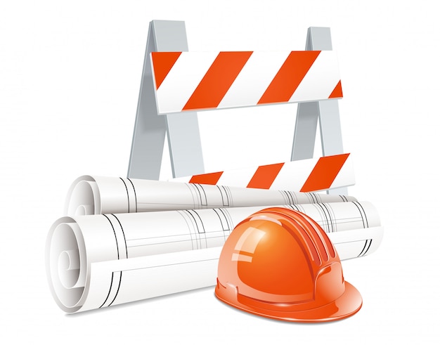 Free vector construction concept set of road barrier orange helmet and roll of engineering drawings realistic elements