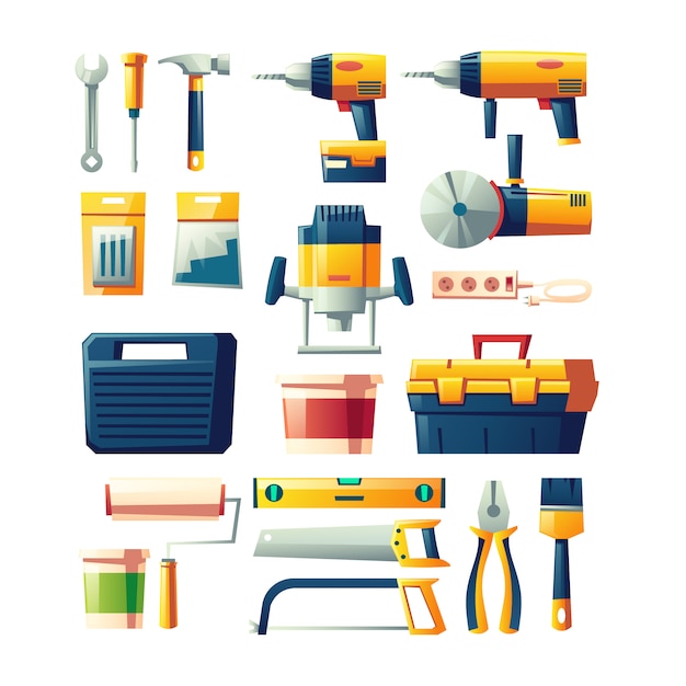 Construction electric, hand tools flat vector set