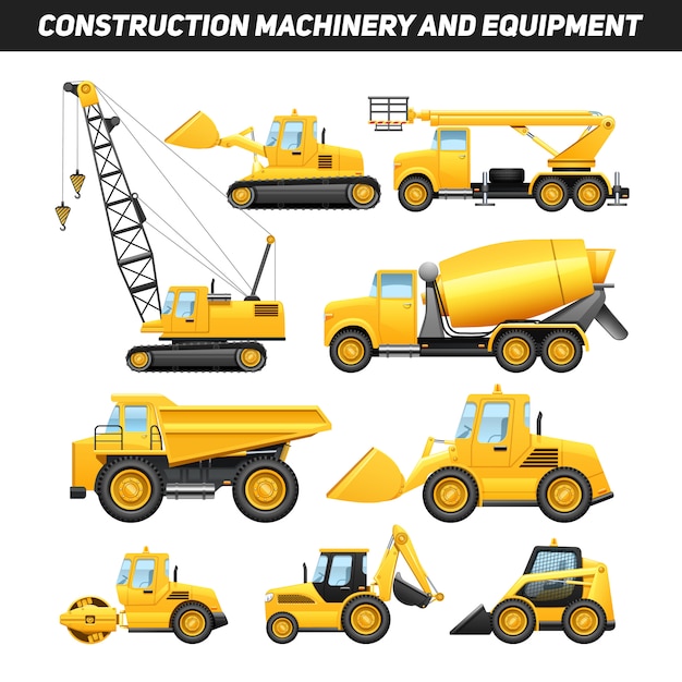 무료 벡터 트럭 크레인 및 불도저와 건설 장비 및 기계
