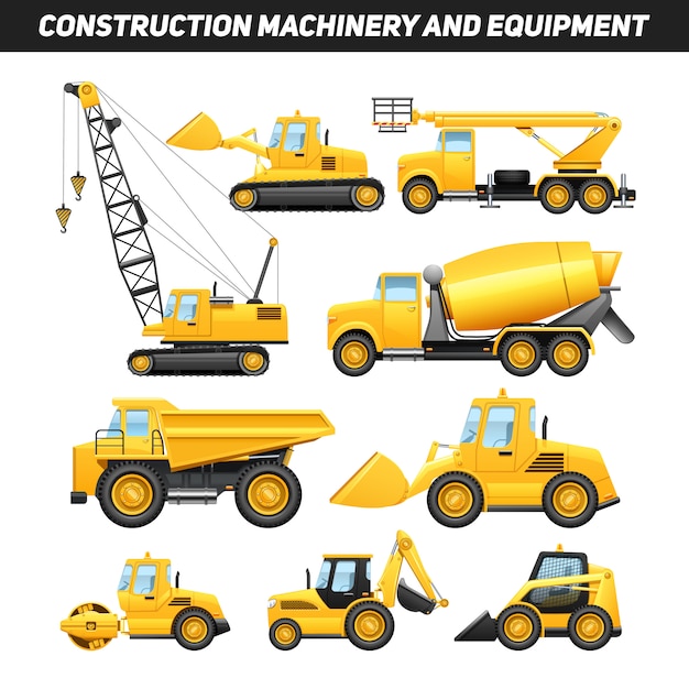 Free vector construction equipment and machinery with trucks crane and bulldozer