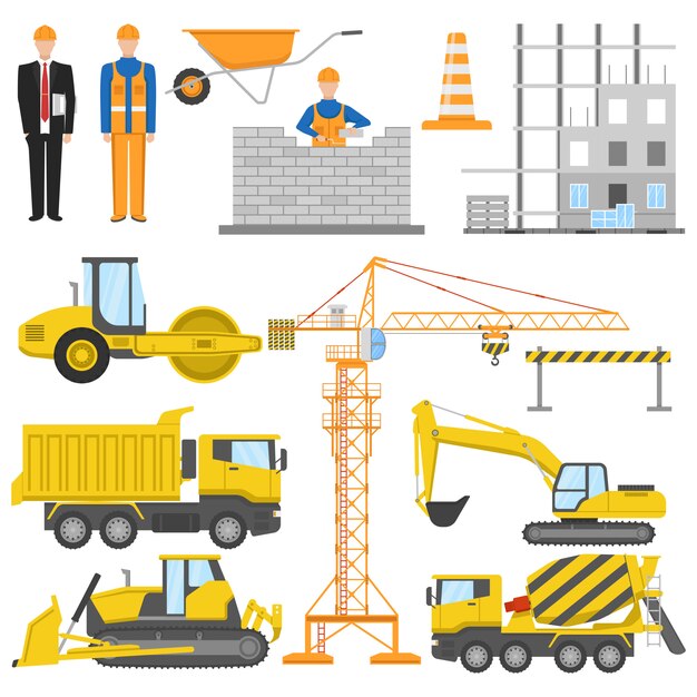 建築家と建設機械と分離された材料のバリアシステムを構築する労働者入り建設フラット要素