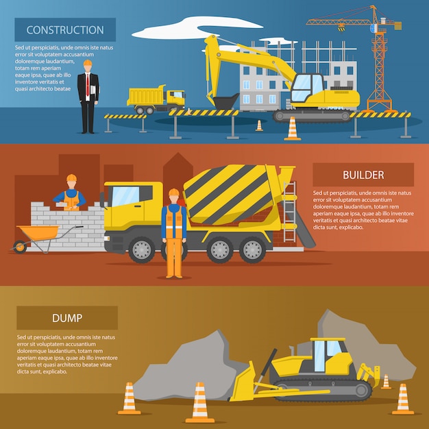Construction Horizontal Banners Set: Facility Creation Work of Builders Dump Isolated